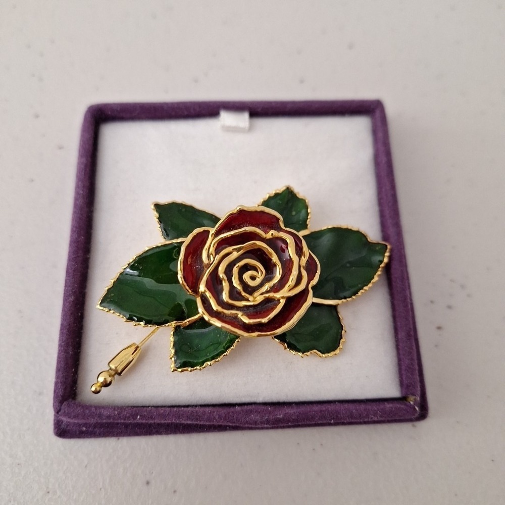 VINTAGE METAL ENAMEL ROSE FLOWER PIN BROOCH RUFFLE PETALS Rose 3" NEW